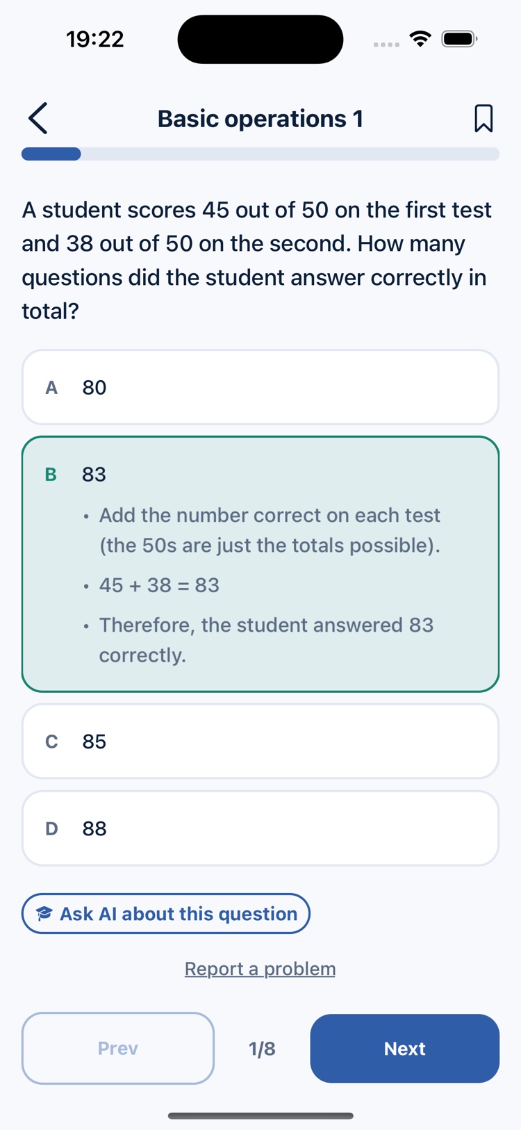 A practice question with the correct answer highlighted and a step-by-step written explanation