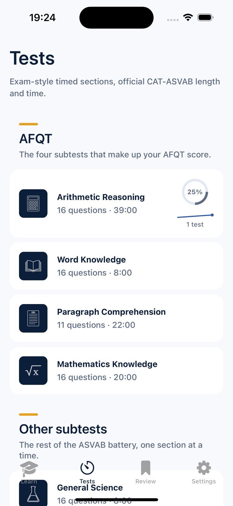 Timed CAT-ASVAB tests screen showing the four AFQT subtests with question counts and time limits